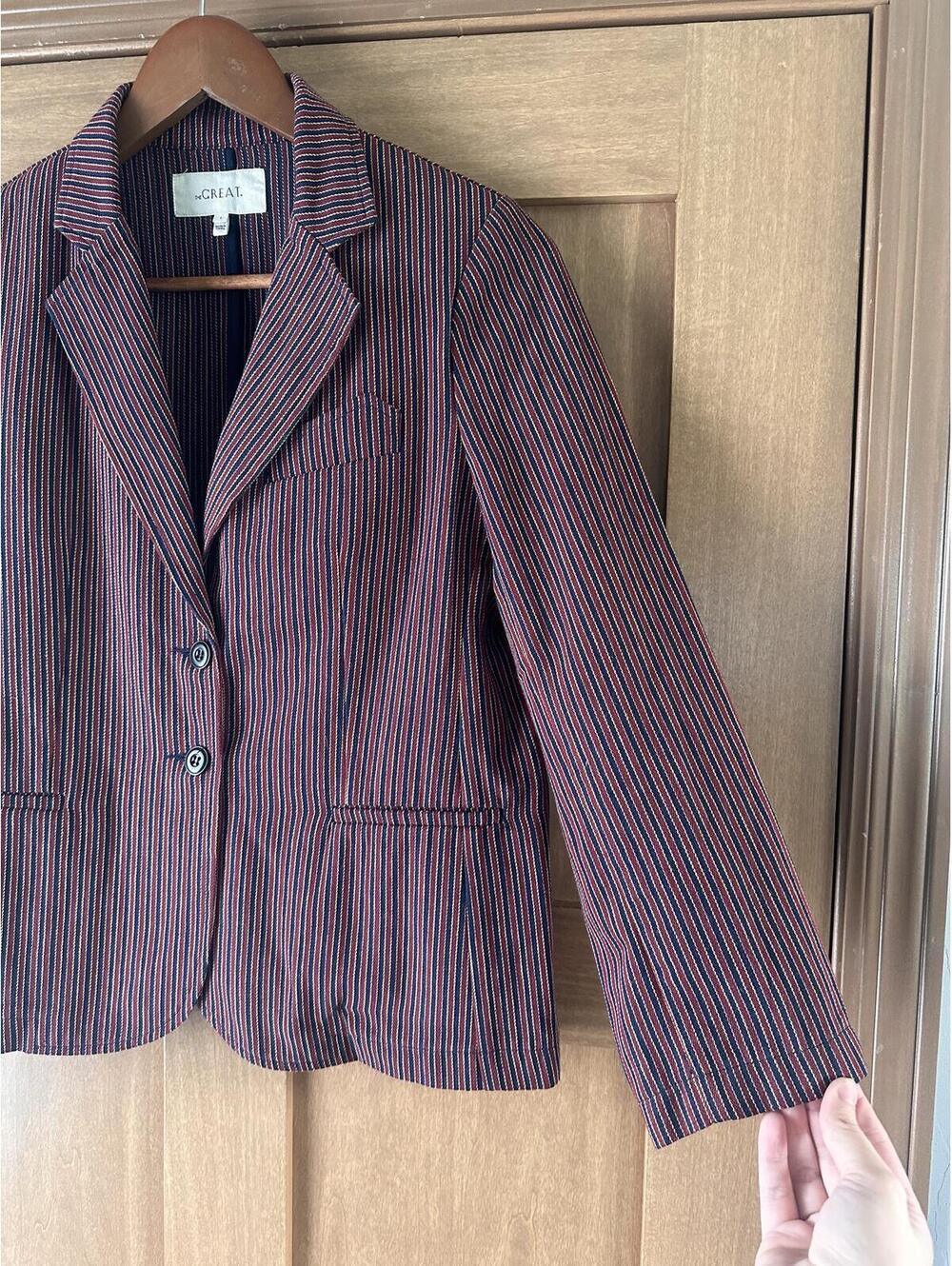 The GREAT. Shrunken Blazer Country Road Pinstripe Red Blue Women’s size 1 Small - Picture 3 of 14